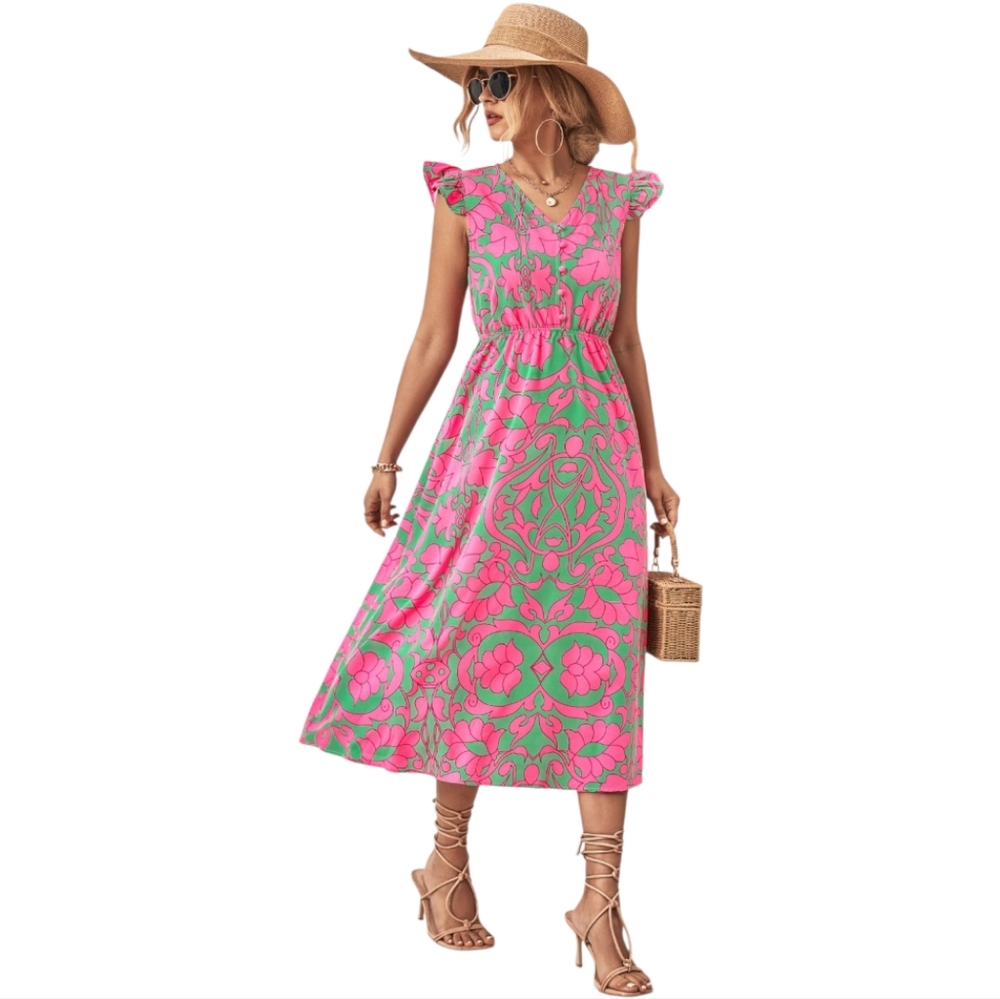Boutique Pink Green Paisley Floral V-Neck Flutter Sleeve Midi Dress Size M
